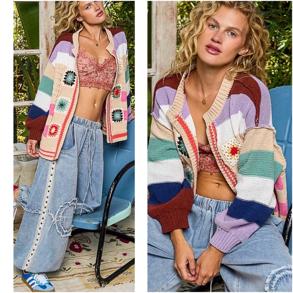POL color block Granny Square Open Front Loose Fit Chenille Cardigan - Picture 1 of 6